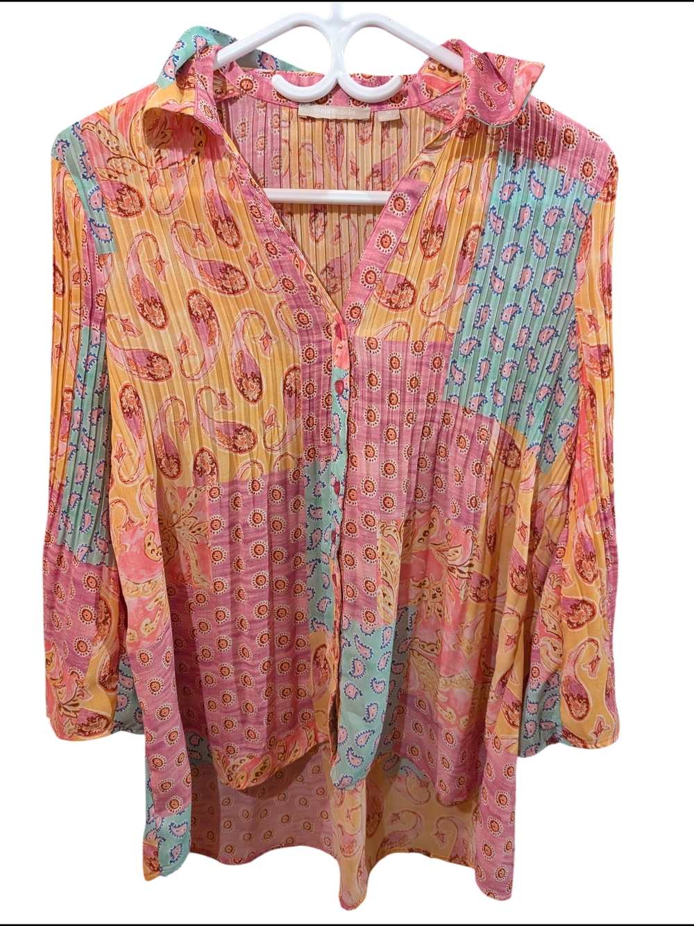 Lightweight Paisley Patchwork Button-Front Blouse - Pink & Yellow